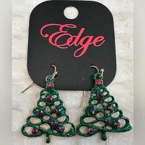 NWT Edge CHRISTMAS TREE Dangle Hook Earrings~Sparkly Green w Rhinestones